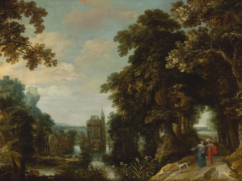 1586-Jacques van der Wyhen - Paesaggio con un vicolo e un castello sull'acqua